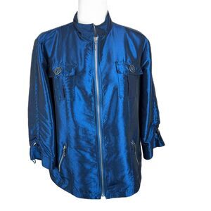 Chico's Jacket Women 2 - Large Blue Shiny Zip Up Outerwear Casual
